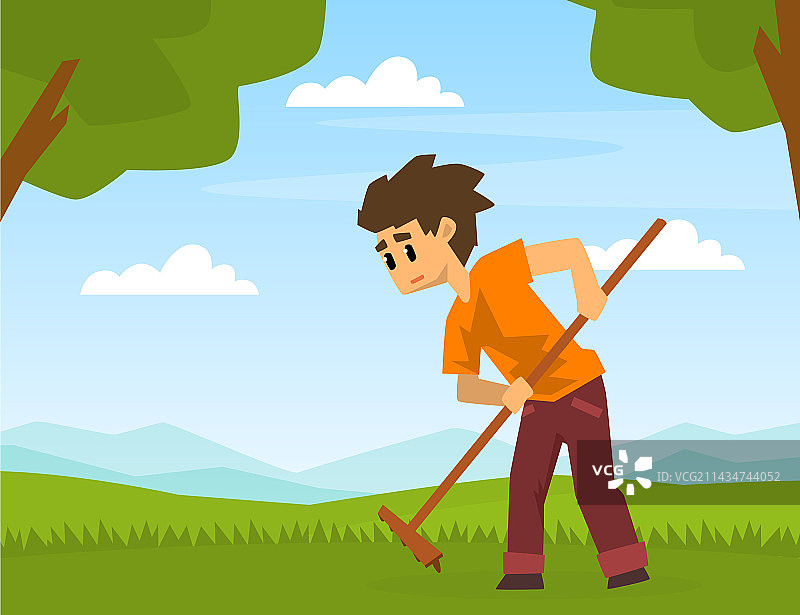 在花园或农场里用耙子工作的男人卡通图片素材