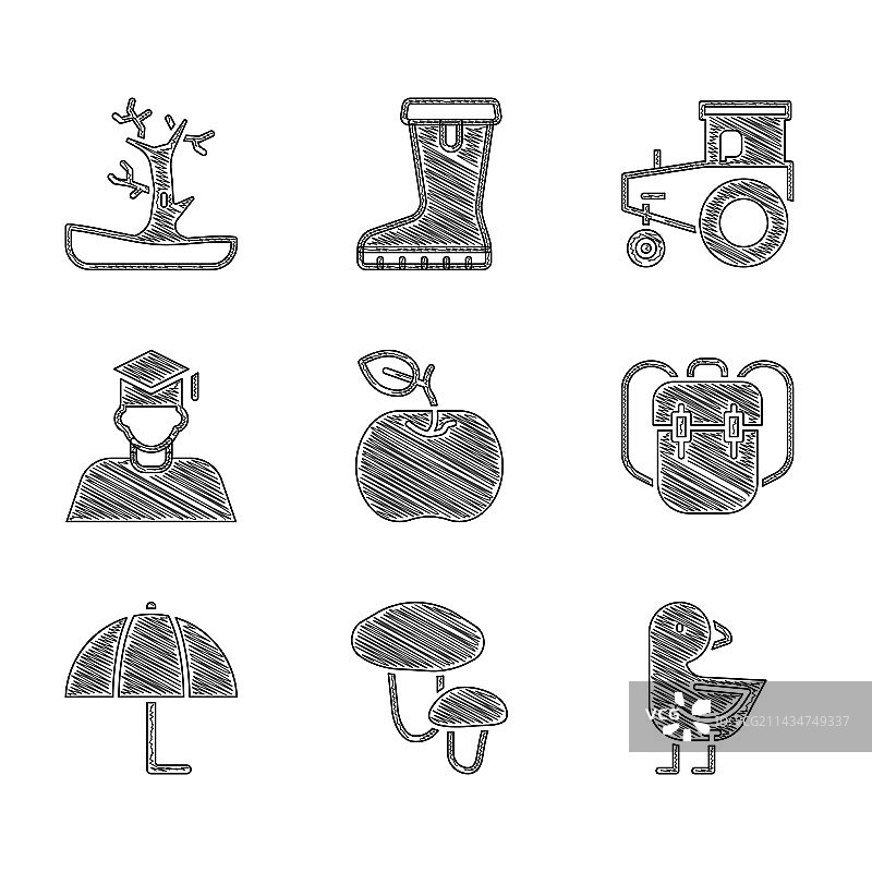 苹果、蘑菇、小鸡、书包组合图片素材