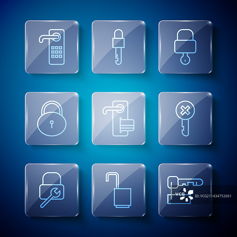 线条锁维修、打开的挂锁和标记钥匙图片素材