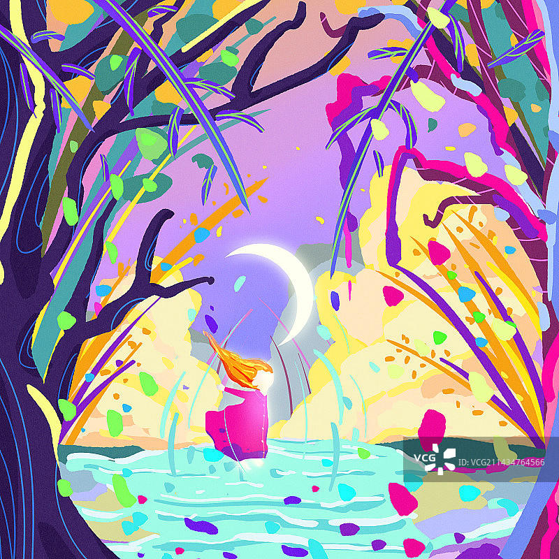 色彩插画与月共舞图片素材