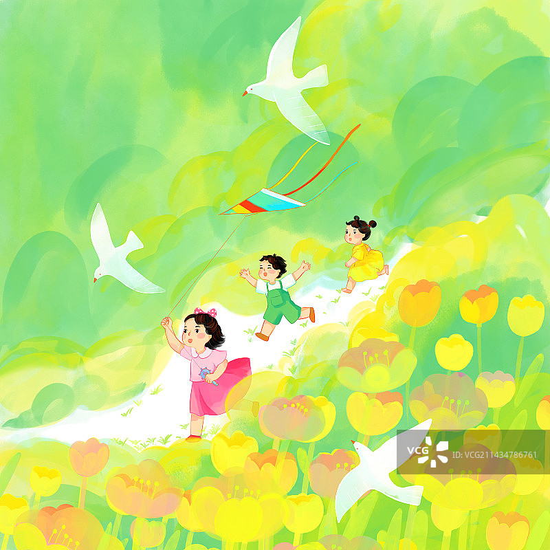六一儿童节花丛草地男孩女孩放风筝鸽子插画图片素材