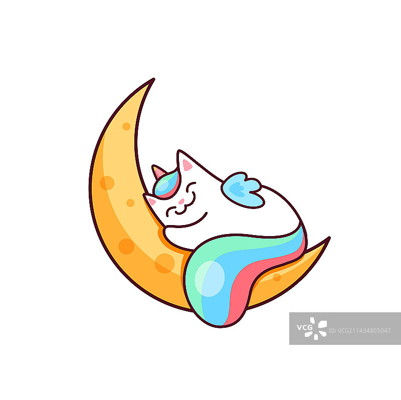 卡通可爱猫独角兽在月亮上睡觉图片素材