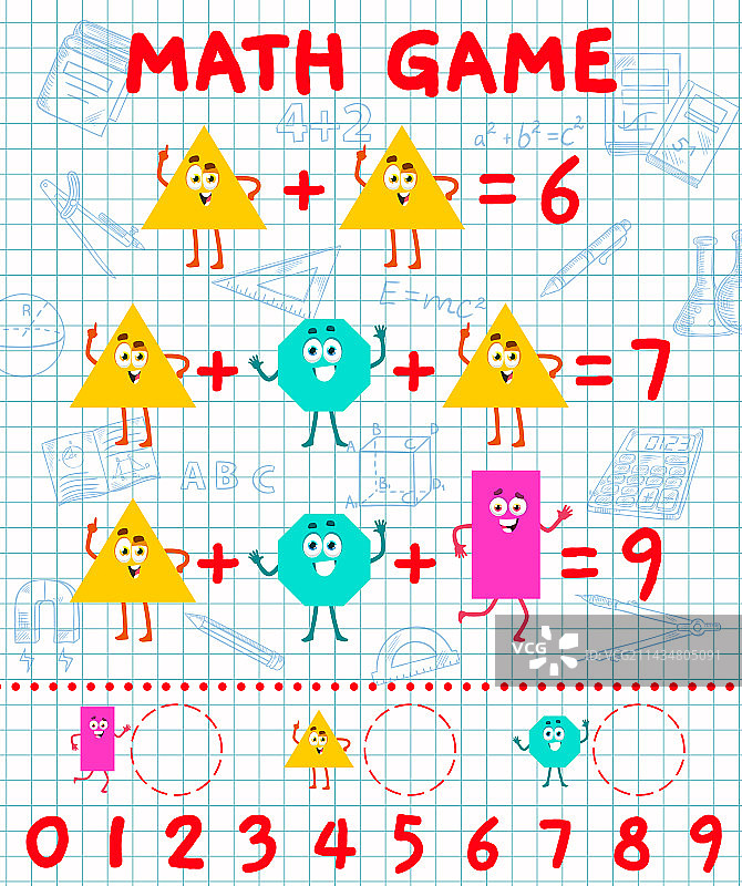 卡通造型人物加法数学游戏图片素材