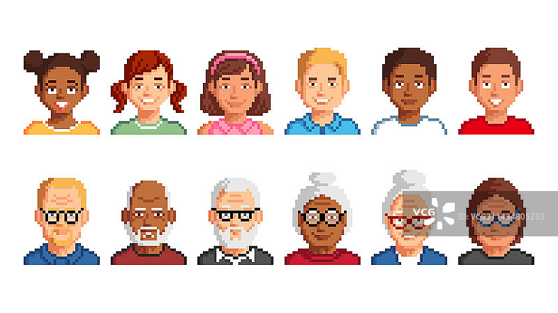 老年人和儿童的像素风格头像图片素材