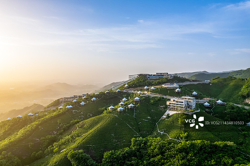 航拍中国河南信阳何家寨茶山露营基地图片素材