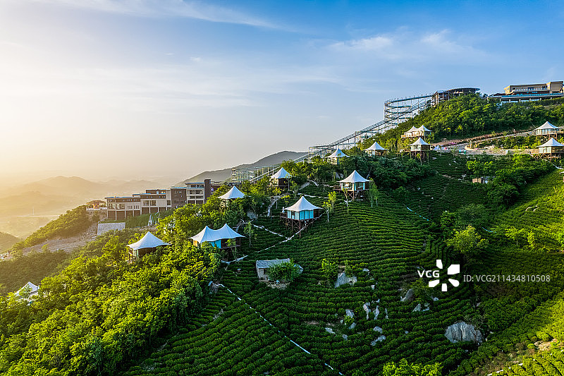 航拍中国河南信阳何家寨茶山露营基地图片素材
