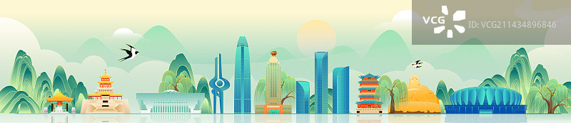 国风济南城市地标建筑矢量插画海报图片素材