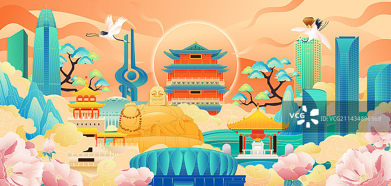 国风济南城市地标建筑矢量插画海报图片素材