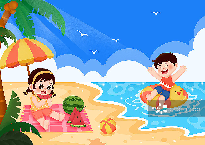 儿童在沙滩上吃西瓜，游泳，图片素材