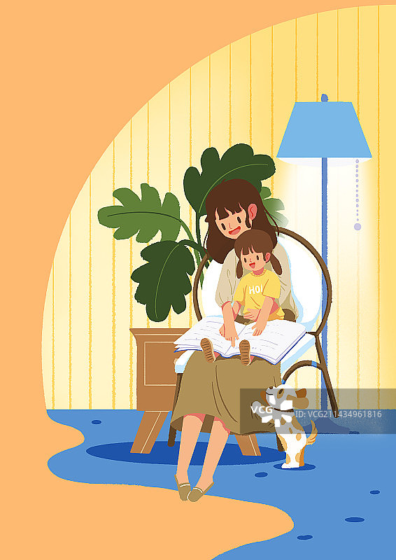 母亲节怀抱女儿读书的妈妈插画图片素材