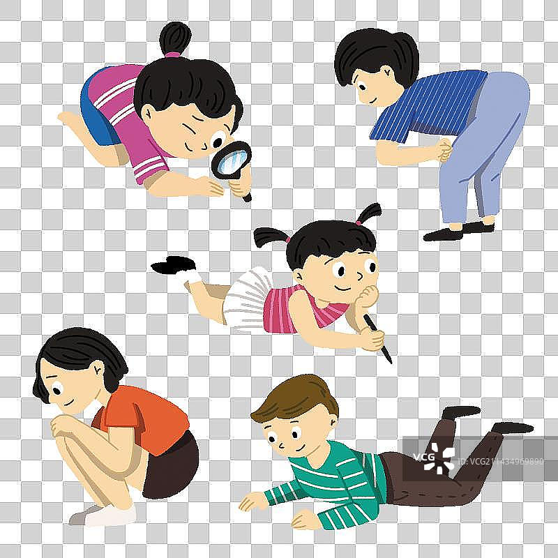 卡通儿童男孩女孩可爱各种动作站着坐着趴着蹲着扁平插画图片素材