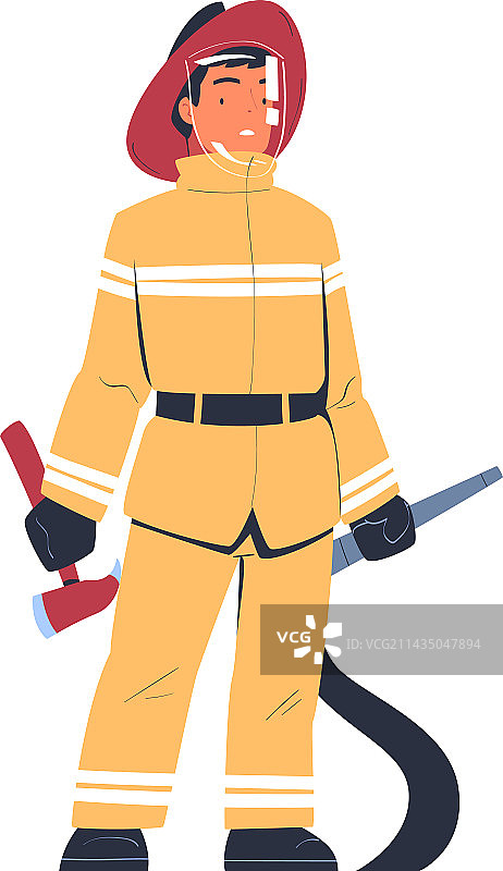 手持斧头和软管的专业消防员图片素材