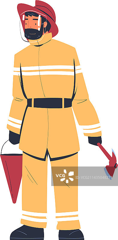 手持水桶和斧头的职业消防员图片素材