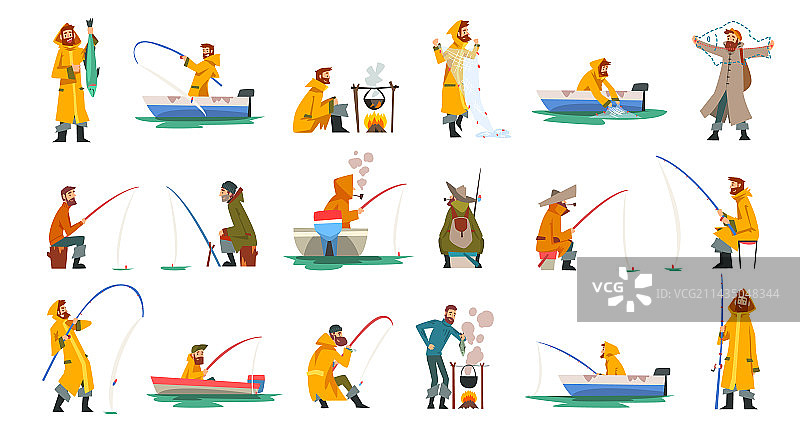 身穿外套的渔夫在船上捕鱼图片素材