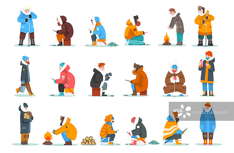 身穿冬季服装的渔民正在捕鱼图片素材