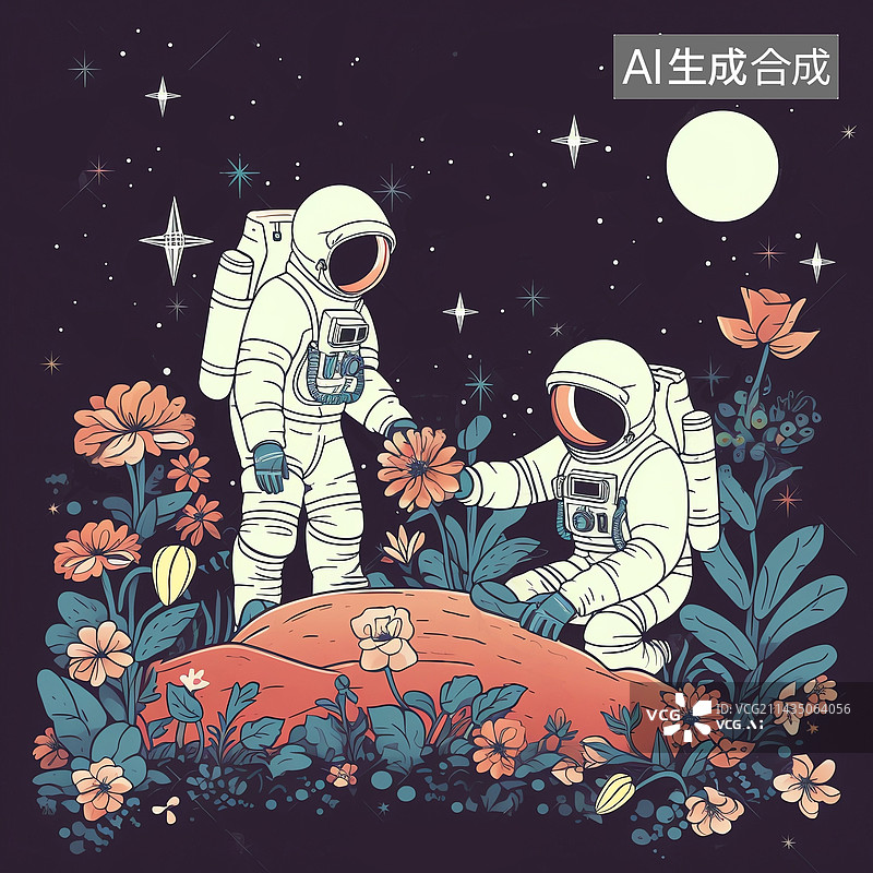 【AI数字艺术】黑夜里在星球种植花朵植物的宇航员图片素材