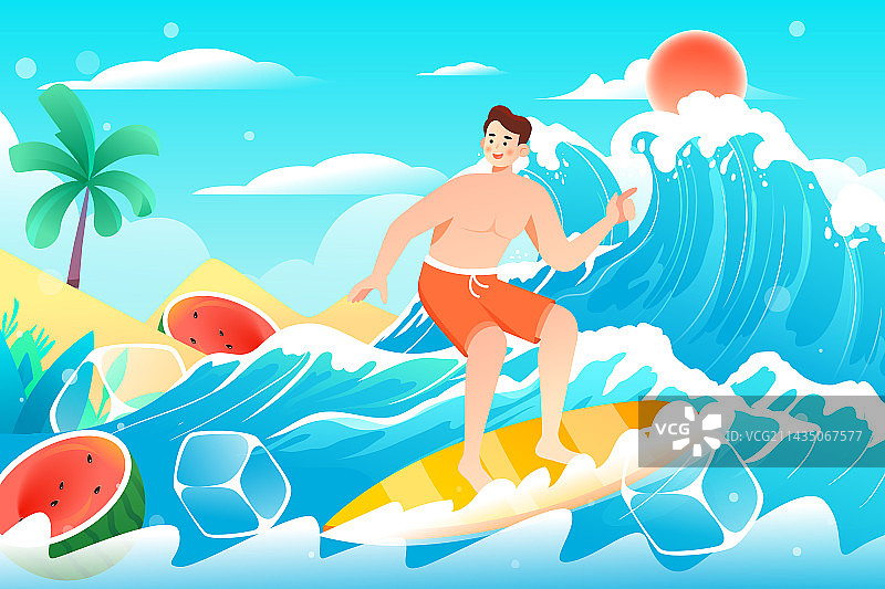 人物夏天海边冲浪度假小暑户外运动避暑插画图片素材