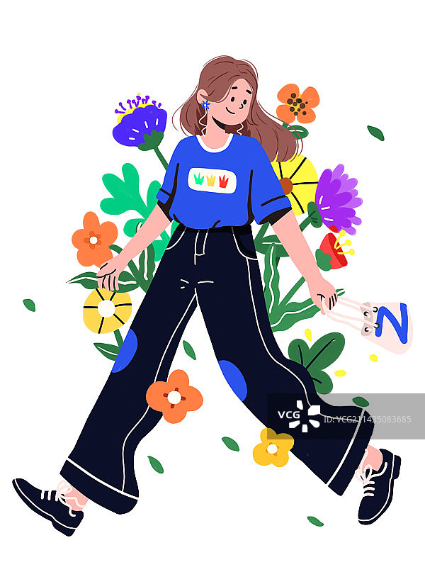 春天在花丛中行走的女孩图片素材