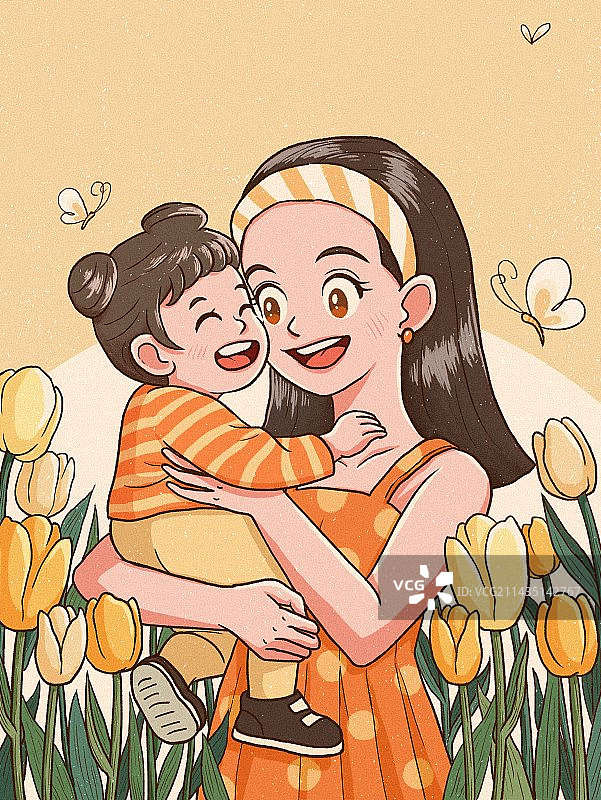 母亲节母女妈妈抱着孩子郁金香花插画图片素材