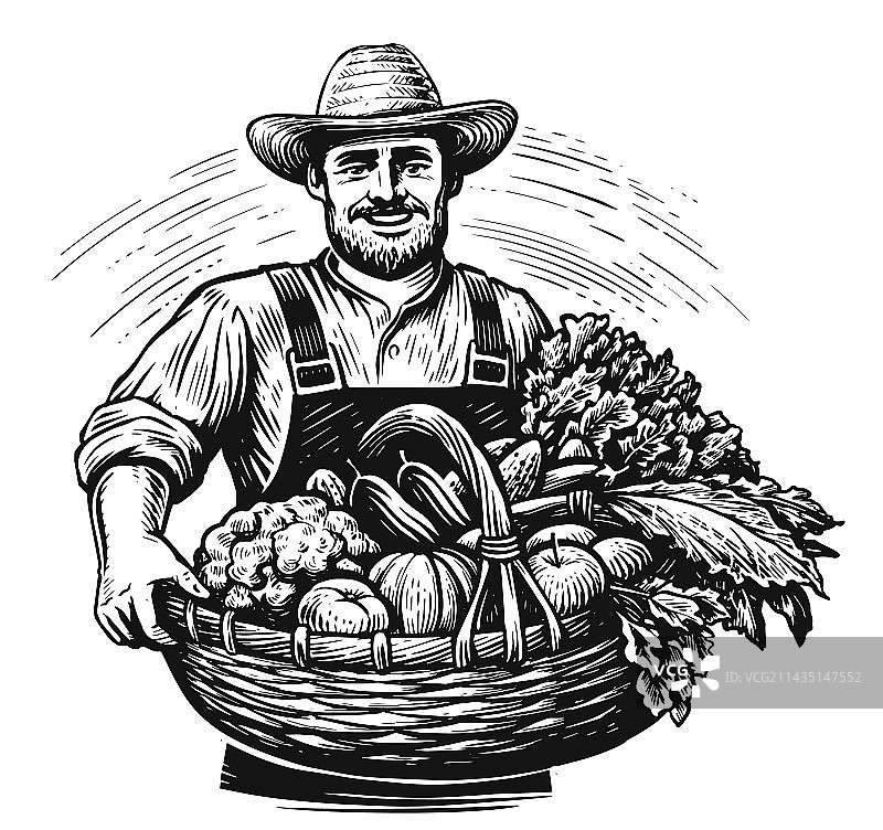 戴帽子的快乐农民和新鲜采摘的农作物图片素材