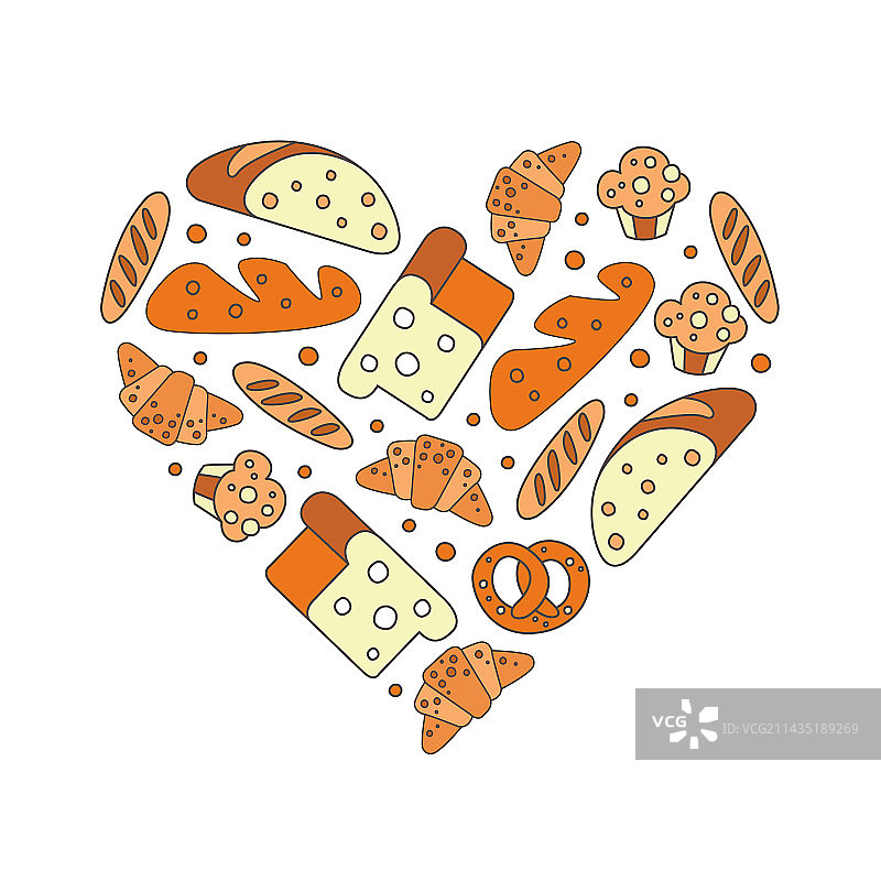 摆成心形的各种新鲜面包和烘焙食品图片素材
