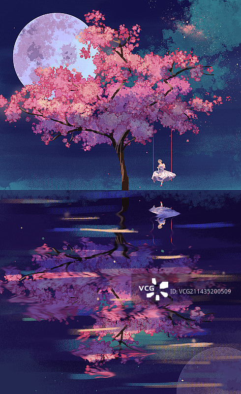 满月夜晚樱花树下湖面秋千女孩图片素材