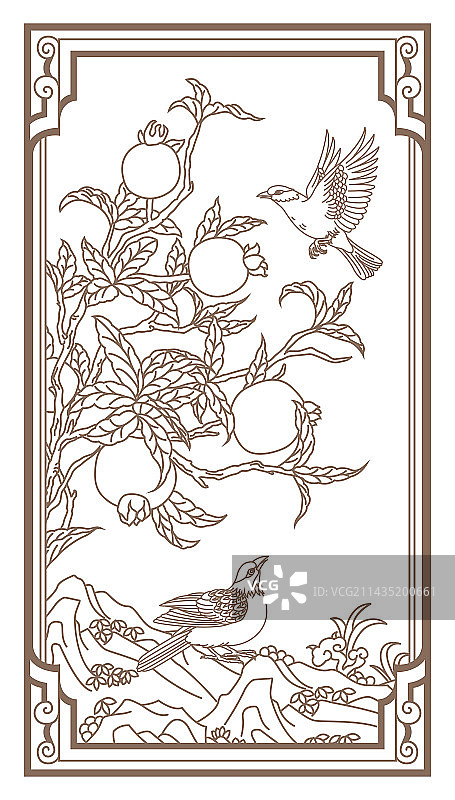 传统边框内的石榴树与飞鸟图片素材