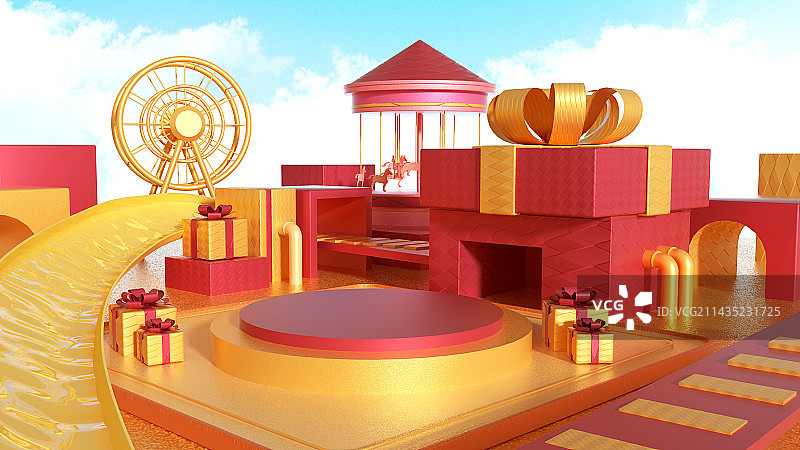 红色电商大促3D展台场景图片素材