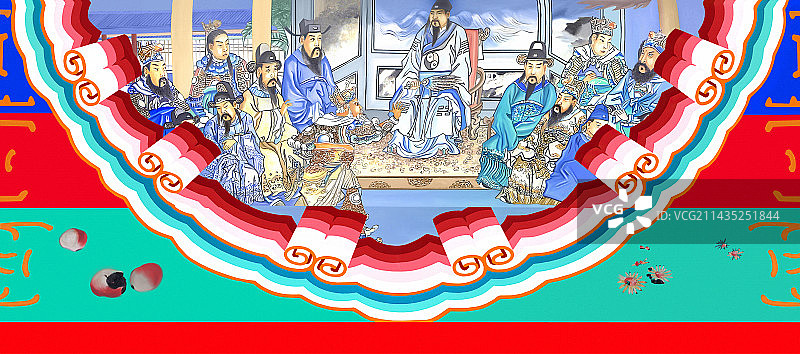 颐和园长廊里的包袱锦苏式彩画三国演义舌战群儒黄盖请战图片素材