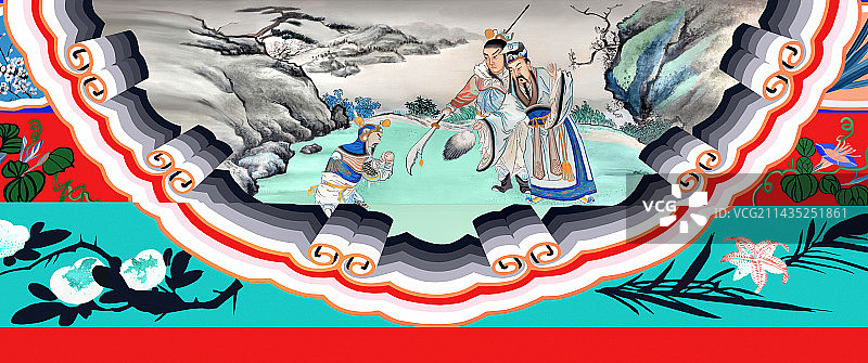 颐和园长廊里的包袱锦苏式彩画天水关孔明收姜维图片素材