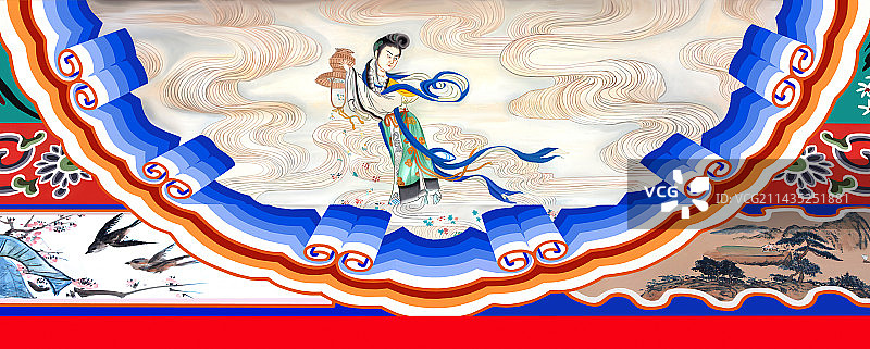 颐和园长廊里的包袱锦苏式彩画天女散花图片素材