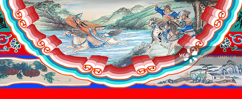 颐和园长廊里的包袱锦苏式彩画三国演义刘备马跃檀溪图片素材