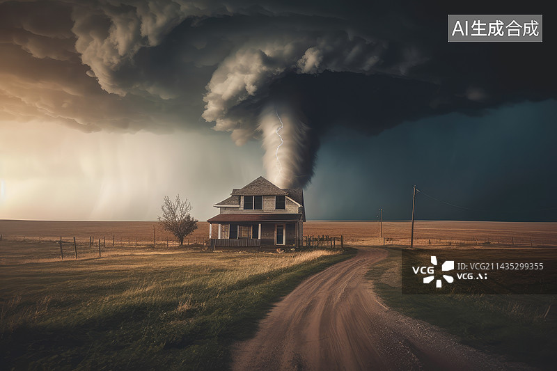 【AI数字艺术】大型龙卷风灾害，强烈而黑暗的风暴产生龙卷风穿过田野和道路。戏剧性的景观混合媒体插图图片素材