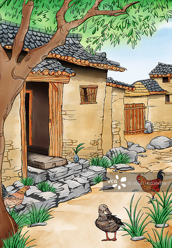 手绘风故乡农村宁静乡村风景图片素材