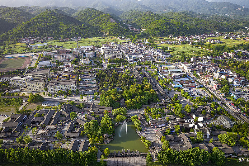 中国陕西省汉中市勉县诸葛古镇景区航拍图片素材
