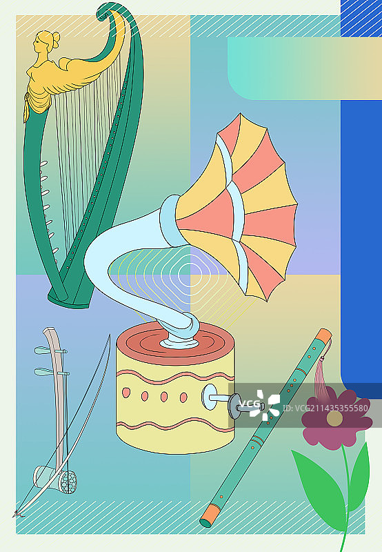 孟菲斯风格扁平小乐器插画图片素材