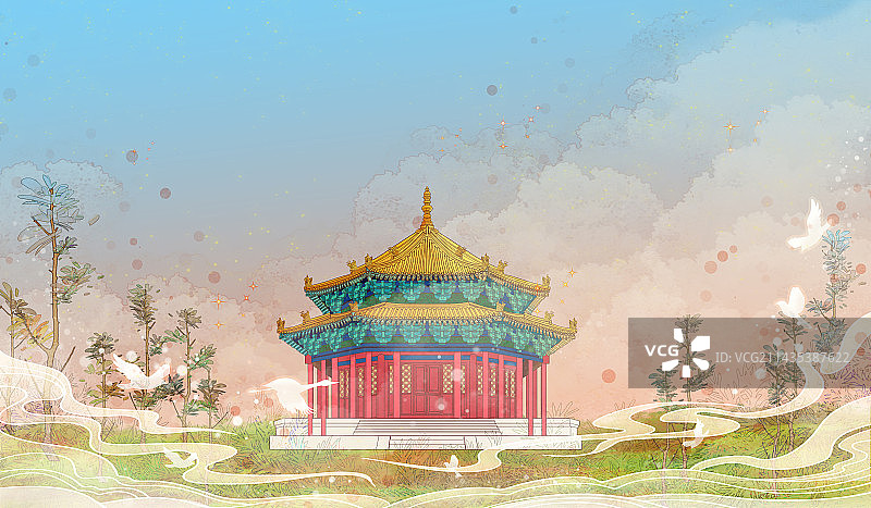 沈阳故宫古建筑国风插画图片素材