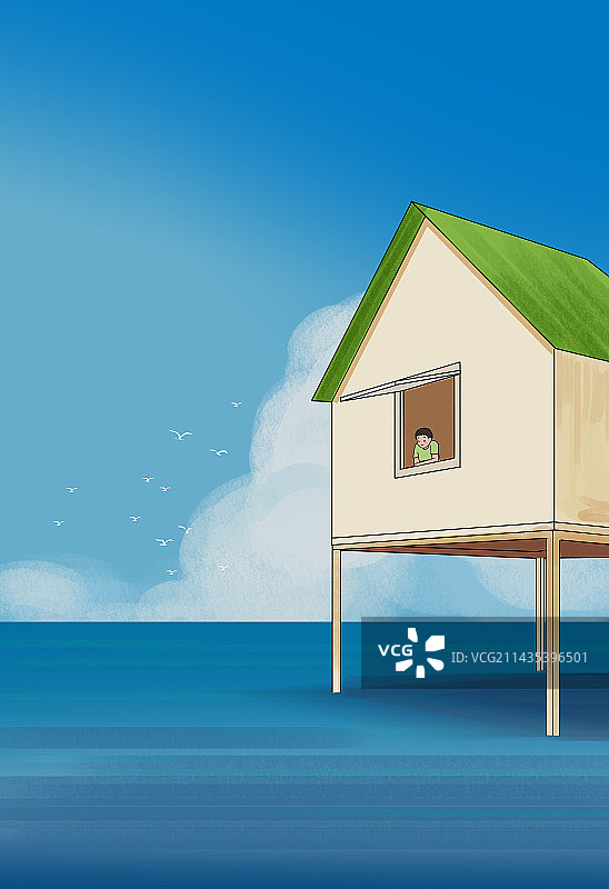 大海海上海面建筑物房子意境小清新放松心情度假感觉海平面插画图片素材