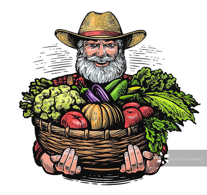 拿着蔬菜篮子的老年农民图片素材