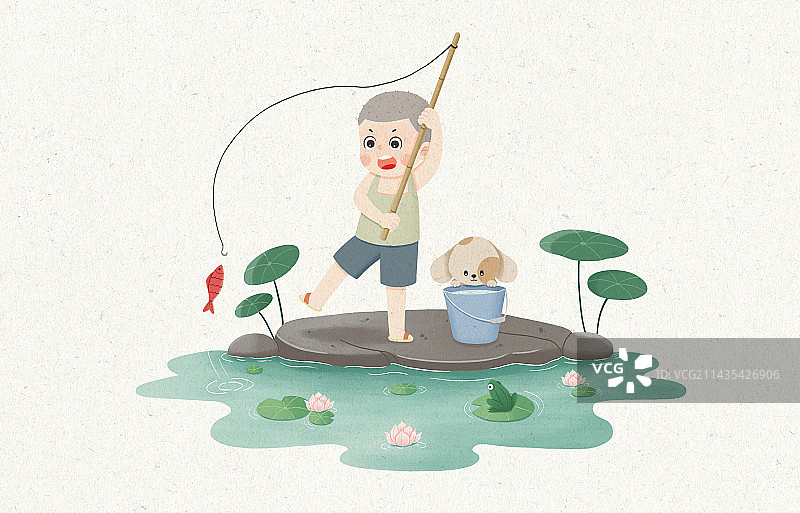 夏天钓鱼的小男孩图片素材