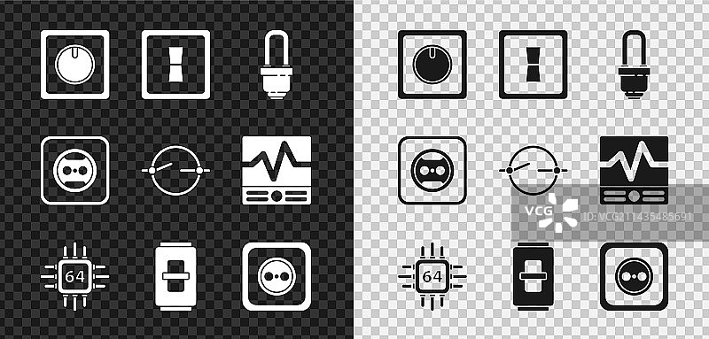 电器元件：电灯开关、LED灯泡、处理器图片素材