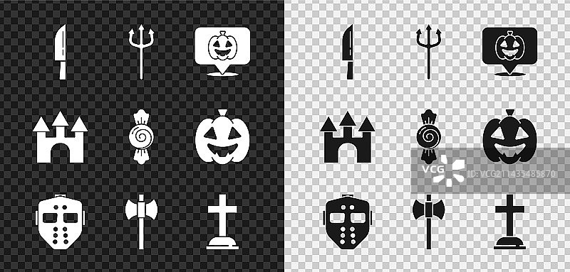 刀、海王星三叉戟、南瓜和冰球面具套装图片素材