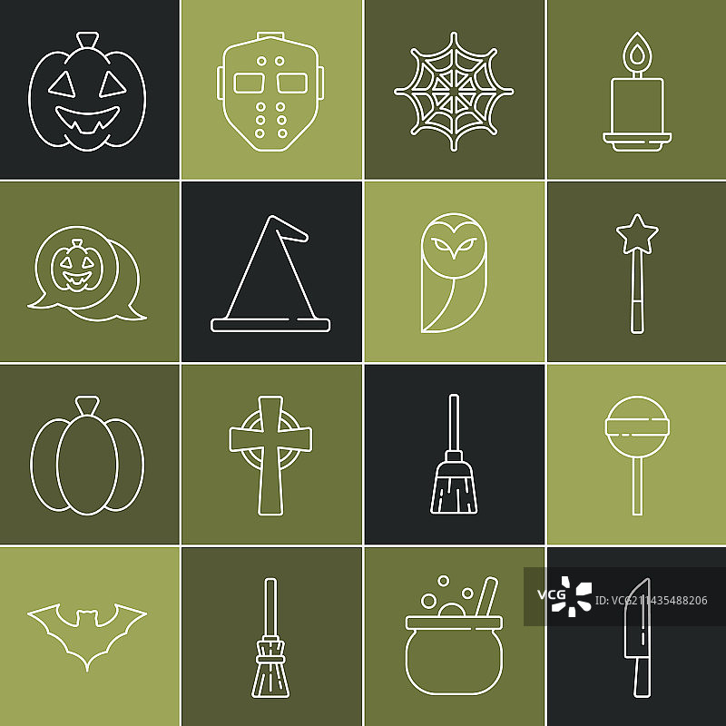 物品线条图标：刀、棒棒糖、魔杖、蜘蛛网图片素材