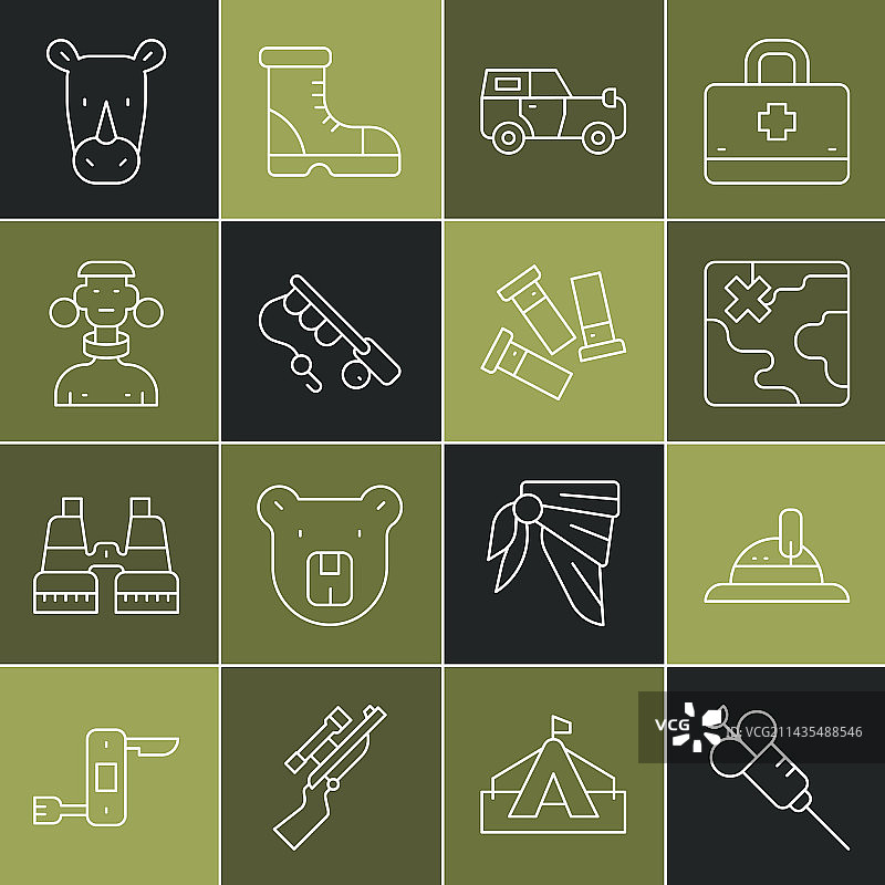 狩猎帽、非洲狩猎地图注射器线条集图片素材