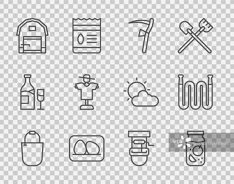 水桶、果酱罐、镰刀、鸡蛋线条笔刷套装图片素材