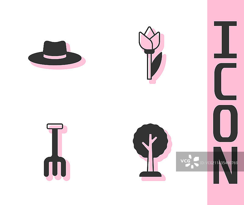 园丁工作套装：帽子、耙子、花朵图片素材