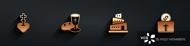 宗教十字架、心、高脚杯和面包设置图片素材