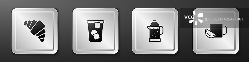 牛角面包、冰茶、法式滤压壶和咖啡杯合集图片素材