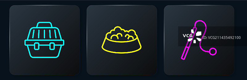 宠物携带包、猫玩具和食物碗套装线条图片素材