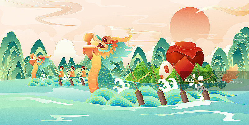 端午节美食粽子赛龙舟矢量插画海报图片素材